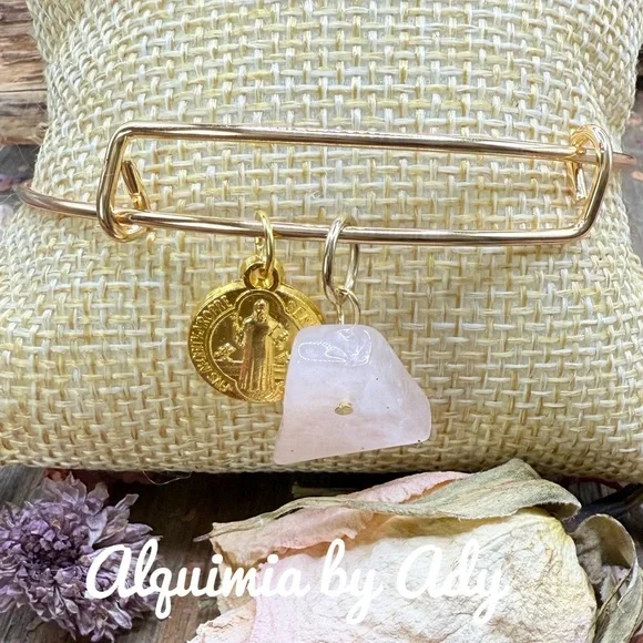 Saint Benedict medal and and Pink quartz bangle Bracelet